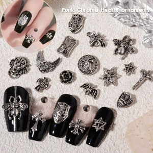 5pcs New Item Manicure Chrome Heart Retro Alloy Jewelry Punk Style Cross Army Flower Hexagonal Star Nail Metal Drill Accessories