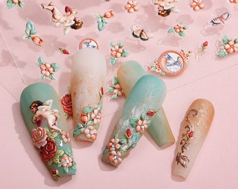 Nail Stickers Embossed 5D Stereo Retro Japanese Nail Art  Stickers/Angel Flower Wings Manicure Decals/DIY Nail Supply