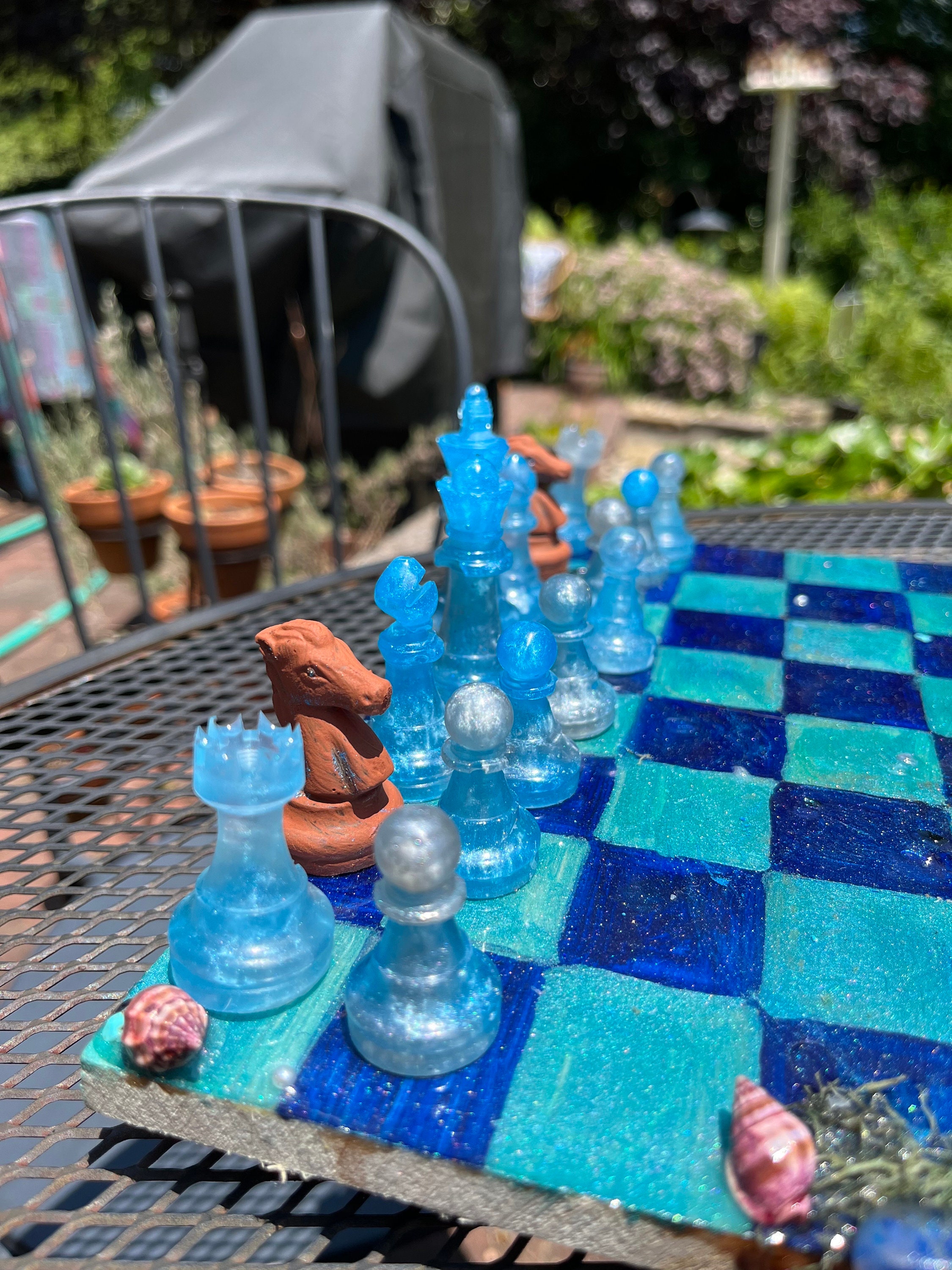 Large Poseidon Theme Chess Set Brass & Nickel Pieces with Blue