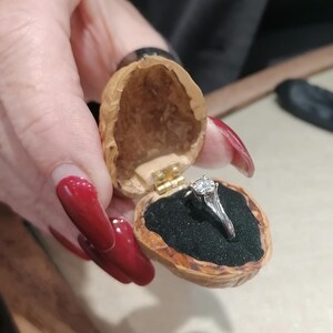 Op de afbeelding: Een zilveren verlovingsring met een ronde diamant wordt getoond in een walnootschelp ringdoosje. De ringdoos is open en onthult de ring tegen een zwart fluwelen interieur. De walnootschelp is lichtbruin.