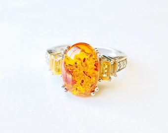 Amber and Topaz ring, sterling silver band