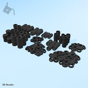 May include: A 3D render of numerous small, black tires arranged in various stacks and clusters. Some tires are stacked in columns, while others are grouped together. The background is a light blue gradient. The text "3D Render" is at the bottom.