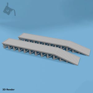 May include: Two gray wooden ramps with a slight incline. The ramps are made of wood planks and have a series of supports underneath.