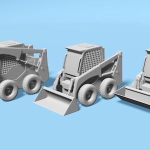 May include: Three gray toy skid steer loaders with yellow buckets. The loaders are facing different directions. The loaders are on a light blue background.
