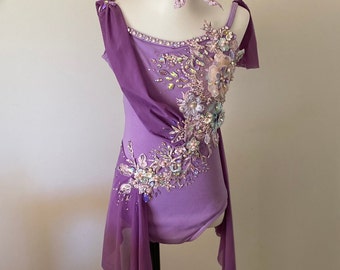 Lyrical Ballet Dance Costume for 9 - 11 year old or extra small adult. Orchid purple with over a thousand crystals