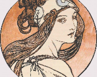 Femme dans l'Art nouveau 4 | Modèle de point de croix compté | Téléchargement numérique pour impression ou GoodNotes | Déesse, Reine, Boho | Alfons Mucha