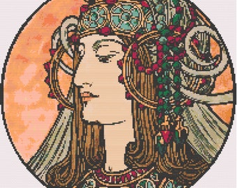 Femme dans l'Art Nouveau 8 | Modèle de point de croix compté | Téléchargement numérique pour impression ou GoodNotes | Déesse, Reine, Boho | Alfons Mucha