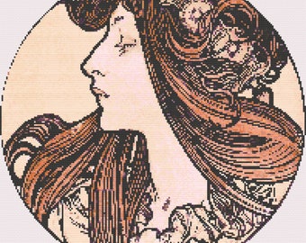 Femme dans l'Art nouveau 7 | Modèle de point de croix compté | Téléchargement numérique pour impression ou GoodNotes | Déesse, Reine, Boho | Alfons Mucha