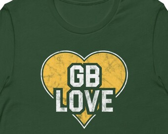 Koszulka unisex Green Bay, Love, Football, Game Day, zniszczona grafika