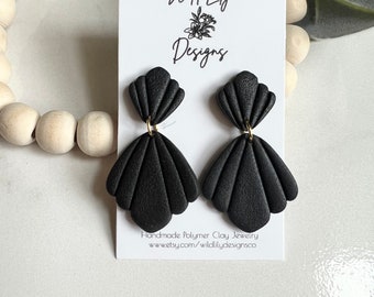 CLAY EARRINGS, black clay earrings, black earrings, black shell clay earrings