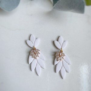 Clay Drop Floral Earrings, Bridal Wedding, White, Ivory, Classy, Floral Crystal Statement Earrings, Bride, Bridesmaids Earrings