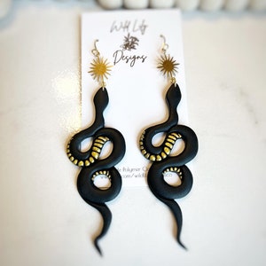 CLAY EARRINGS, clay snake earrings, black snake earrings, black earrings, sun earrings, black clay earrings