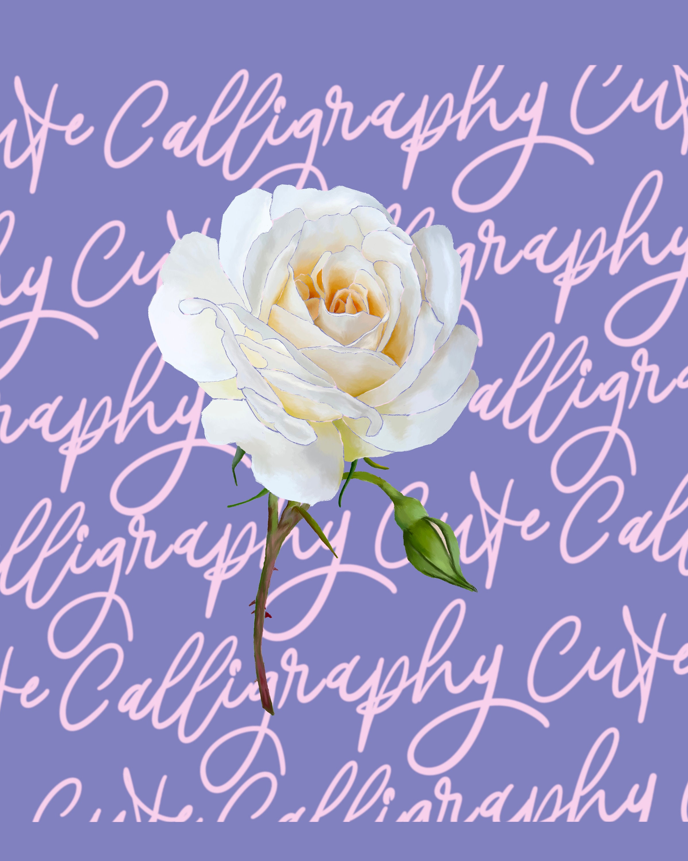 White Rose With Stem Illustration, Rose Digital Download, Hand Drawn