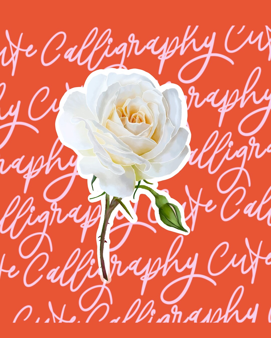 White Rose With Stem Illustration, Rose Digital Download, Hand Drawn