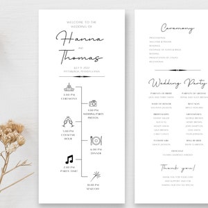 May include: Wedding ceremony and reception timeline with a black and white design. The timeline includes the ceremony, wedding party photos, cocktail hour, dinner, and party time. The text includes the names Hanna and Thomas, the date 9 July 2022, and the location Pittsburgh, Pennsylvania.