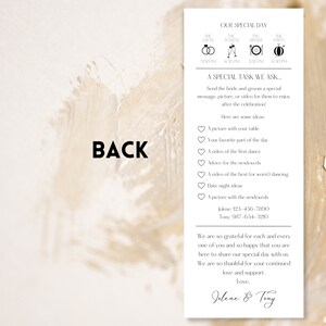 May include: A white card with gold accents and black text. The card has a section titled "Our Special Day" with icons for the ceremony, the toasts, the dinner, and the party. The card also has a section titled "A Special Task We Ask..." with instructions to send the bride and groom a special message, picture, or video. The card includes a list of ideas for messages, including a picture with your table, your favourite part of the day, a video of the first dance, advice for the newlyweds, a video of the best (or worst) dancing, date night ideas, and a picture with the newlyweds. The card also includes contact information for the bride and groom. The card ends with a message of gratitude and love from the bride and groom, Jolene & Tony.