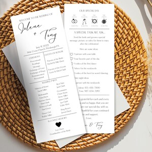 May include: A wedding programme with a white background and black text. The programme includes the names Jolene and Tony, the date June 11, 2022, and the ceremony and wedding party details. The programme also includes a special task for guests to send a message, picture, or video to the couple after the celebration.