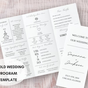 May include: A trifold wedding program template with a white background and black text. The front cover features the text "Welcome to Our Wedding" and the names "Savanna & Jackson". The inside pages include details about the wedding ceremony, reception, and important people. The back cover includes fun facts about the couple and their wedding day.