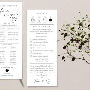 May include: A wedding programme with black text on white paper. The programme includes the names of the bride and groom, Jelene and Tony, the wedding date, the ceremony details, the wedding party, and a special task for guests. The programme also includes a section in loving memory of the bride's grandmother.