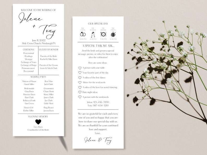 May include: A wedding programme with black text on white paper. The programme includes the names of the bride and groom, Jelene and Tony, the wedding date, the ceremony details, the wedding party, and a special task for guests. The programme also includes a section in loving memory of the bride's grandmother.