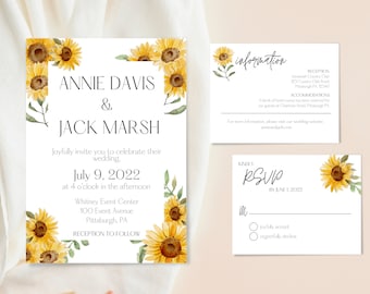 May include: A sunflower-themed wedding invitation with a white background and a border of sunflowers. The invitation includes the names Annie Davis and Jack Marsh, the wedding date July 9, 2022, and the location Whitney Event Center, 100 Event Avenue, Pittsburgh, PA. The invitation also includes the text "Reception to follow".