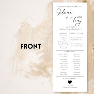 May include: Wedding programme with a gold and white design. The programme includes the names Jolene and Tony, the date June 11, 2022, and the location Holy Cross Church, Pittsburgh PA. The programme also includes the ceremony order, guests of honour, wedding party, and in loving memory.