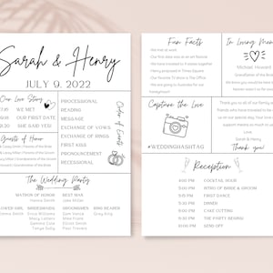 Puede incluir: Una invitación de boda con un diseño en blanco y negro. La invitación incluye los nombres de la pareja, Sarah y Henry, la fecha de la boda, 9 de julio de 2022, y una lista de los eventos de la boda. La invitación también incluye una sección para datos curiosos sobre la pareja y una sección en memoria de Michael Howard, el abuelo de la novia.