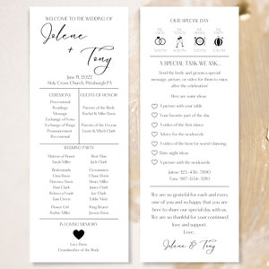 May include: Wedding programme with a black and white design. The programme includes the names Jelene and Tony, the date June 11, 2022, and the location Holy Cross Church, Pittsburgh PA. The programme also includes a list of the wedding party and a special task for guests to send a message, picture, or video to the couple.