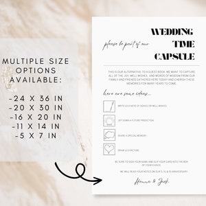 Pu&ograve; includere: Un biglietto bianco con testo nero che dice "Wedding Time Capsule". Il biglietto contiene istruzioni per gli ospiti per scrivere un consiglio, annotare una previsione futura, condividere un ricordo speciale o disegnare un disegno. Il biglietto dice anche "Per favore, fai parte del nostro..." e "Hanna & Jack".