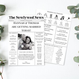 Plantilla de programa de boda / Juegos de recepción / Programa de boda de periódico / Programas de boda / Cronología de boda / Programa infográfico imagen 1