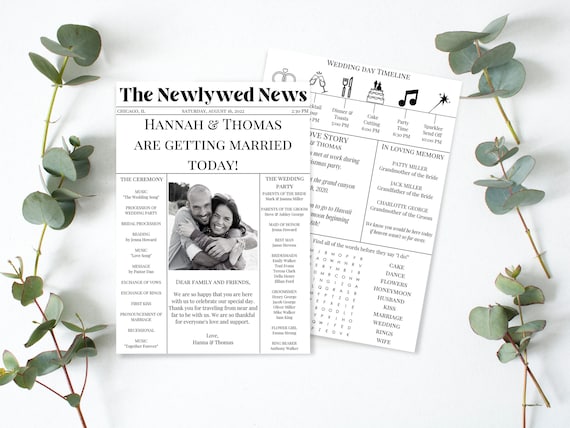 Wedding Program Template | Reception Games | Newspaper Wedding Program | Wedding Programs | Wedding Timeline | Infographic Program