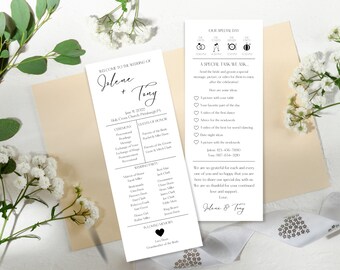 May include: A wedding programme with a black and white design. The programme includes the names Jolene and Tony, the date June 11, 2022, and the location Holy Cross Church, Pittsburgh, PA. The programme also includes a list of the wedding party and a special task for guests to send pictures or videos to the couple.