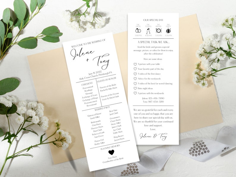 May include: A wedding programme with a black and white design. The programme includes the names Jolene and Tony, the date June 11, 2022, and the location Holy Cross Church, Pittsburgh, PA. The programme also includes a list of the wedding party and a special task for guests to send pictures or videos to the couple.
