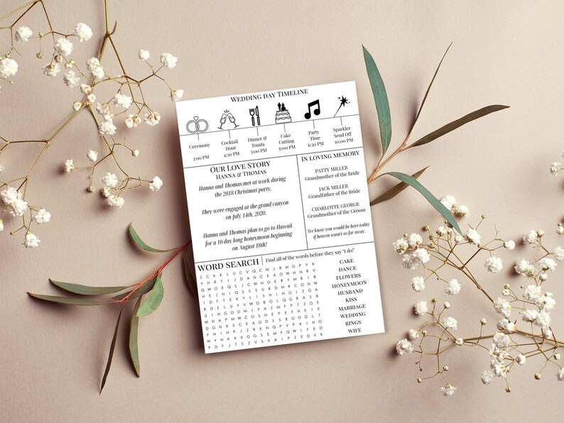 Plantilla de programa de boda / Juegos de recepción / Programa de boda de periódico / Programas de boda / Cronología de boda / Programa infográfico imagen 3