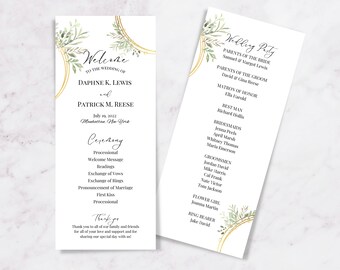 Greenery and Gold Wedding Program | Greenery Wedding Program | Wedding Day Program | Wedding Program Template | Wedding Day Template