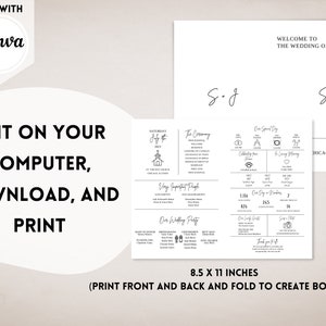May include: A printable wedding program booklet template with a black and white design. The front cover features the text "Welcome to the Wedding of" and the couple's names. The back cover includes the wedding date, location, and the text "8.5 x 11 inches (Print front and back and fold to create booklet)".