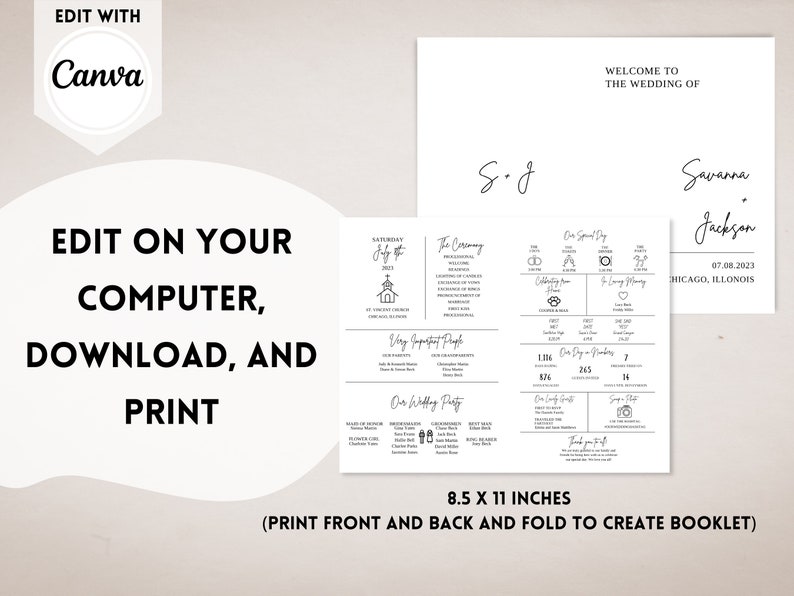 May include: A printable wedding program booklet template with a black and white design. The front cover features the text "Welcome to the Wedding of" and the couple's names. The back cover includes the wedding date, location, and the text "8.5 x 11 inches (Print front and back and fold to create booklet)".