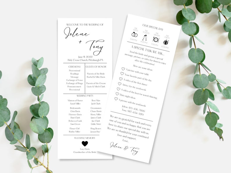 May include: A wedding ceremony programme with the names Jolene and Tony, the date 11 June 2022, and the location Holy Cross Church Pittsburgh PA. The programme lists the order of events for the ceremony and reception, including the names of the wedding party.