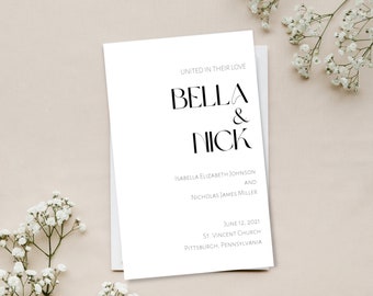 May include: Wedding invitation with a white background and black text. The text reads "United in their love Bella & Nick" followed by the names of the couple, the date of the wedding, and the location of the ceremony.