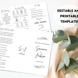 May include: Editable wedding template with a black and white design. The template includes a welcome sign with the names "Savanna + Jackson" and the date "July 9th, 2022".
