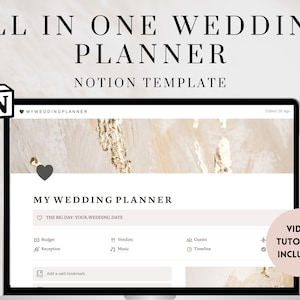 Pode incluir: Uma tela de computador portátil exibindo um modelo de planejador de casamento no Notion. O modelo é intitulado "My Wedding Planner" e inclui seções para orçamento, recepção, fornecedores, música, convidados e cronograma. A tela é decorada com um fundo dourado e branco.