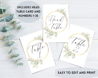 Op de afbeelding: Printbare tafelkaartjes met gouden cirkelranden en groen blad. De kaartjes bevatten de nummers 1-35 en een hoofdtafelkaart. De tekst "GEBRUIKERSVRIENDELIJK TE BEWERKEN EN TE PRINTEN" staat onderaan de afbeelding.