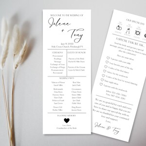 May include: A wedding programme with a black and white design. The programme includes the names Jolene and Tony, the date June 18, 2022, and the ceremony and reception details. The programme also includes a special task for guests to send a picture, message, or video to the couple.