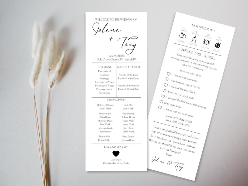 May include: A wedding programme with a black and white design. The programme includes the names Jolene and Tony, the date June 18, 2022, and the ceremony and reception details. The programme also includes a special task for guests to send a picture, message, or video to the couple.