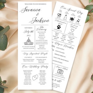 May include: Wedding program with a black and white design. The program includes the names Savanna and Jackson, the date July 9th, 2022, and the ceremony details. The program also includes a list of the wedding party members.