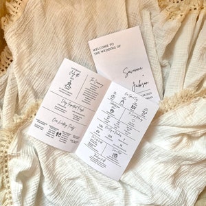 May include: A wedding program with a white background and black text. The program includes the ceremony details, the wedding party, and the reception information. The program is folded in half and the front cover has the names Savanna and Jackson and the date 1.08.2023.