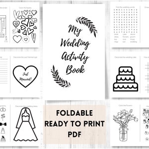Può includere: Un libro di attività di matrimonio stampabile in bianco e nero con una varietà di giochi e attività per far divertire gli ospiti. Il libro include un labirinto, una ricerca di parole, un tris e molto altro. La copertina presenta il testo "My Wedding Activity Book" con un design floreale.