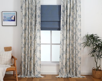 Linen Blend Peacock Print Curtain Pair: Pinch Pleated Drapes