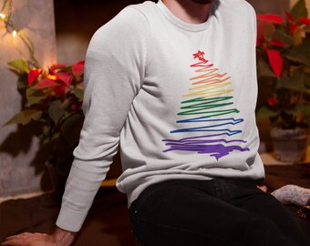 Gay Christmas Sweater, LGBT Rainbow Christmas Tree Sweatshirt, Bi Lesbian Christmas Gift, Unisex Gay Holiday Sweater, Subtle Pride Crewneck