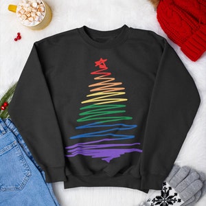 LGBT Rainbow Christmas Tree Sweatshirt, Gay Christmas Sweater, Bi Lesbian Christmas Gift, Unisex Gay Holiday Sweater, Subtle Pride Crewneck